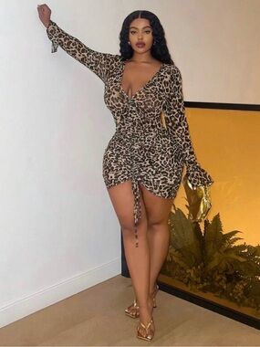 SHEIN Brown/Black Leopard Ruched Long-Sleeve Mini Dress